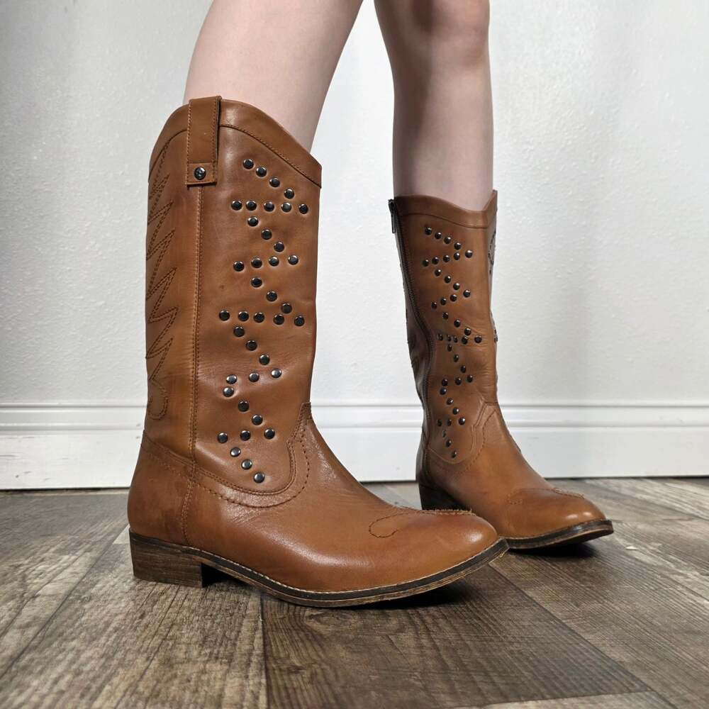 Mia Cognac Leather Studded Knee High Western Boots Cowgirl Size 8 1/2
